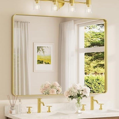 TETOTE 48 x 36 Inch Gold Bathroom Mirror, Champagne Gold Brushed Metal Framed Modern Vanity Mirror, Brushed Brass Rectangle Decorative Wall Mirrors Shatterproof (Horizontal/Vertical)