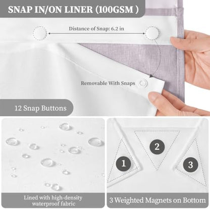 BTTN Lavender Ringless Linen Look Shower Curtain with Snap in Liner, 72x75