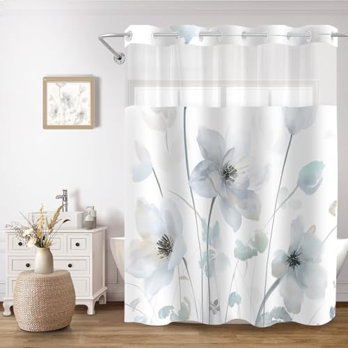 No Hook Shower Curtain and Liner Set, Light Blue Boho Floral 71x77