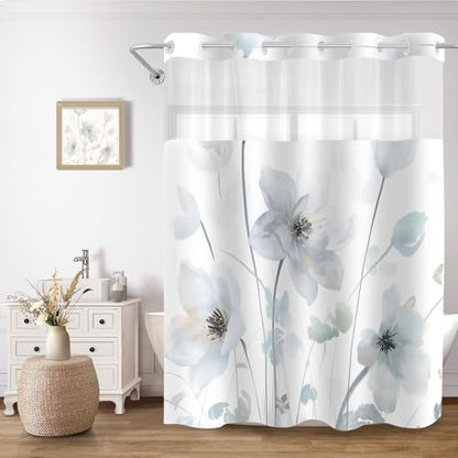 No Hook Shower Curtain and Liner Set, Light Blue Boho Floral 71x77