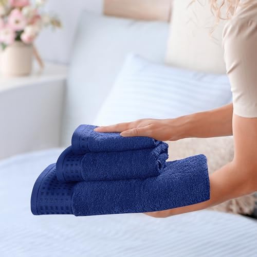 GLAMBURG Ultra Soft 3 Pack Cotton Towel Set, Contains a Bath Towel 28x55 inch, a Hand Towel 16x24 inch & a Wash Coth 12x12 inch, Ideal Everyday use, Compact & Lightweight - Navy Blue