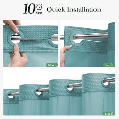 Dynamene Teal Hook Free Waffle Shower Curtain & Snap-in Fabric Liner,72x81