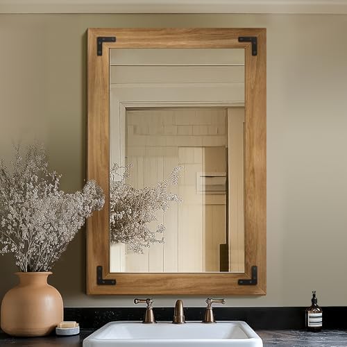 Wood Framed Bathroom Vanity Mirror for Wall, 24"x36" Farmhouse Mirror