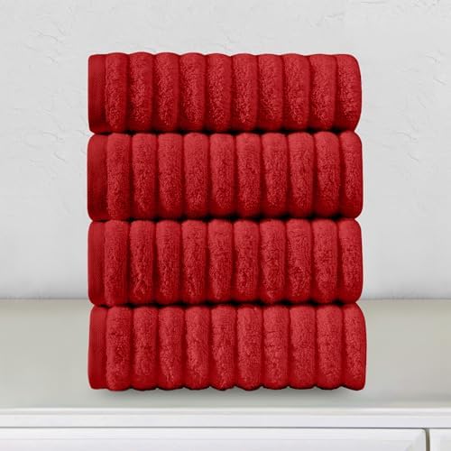 Elegant Comfort Luxury 100% Turkish Cotton Corduroy Ribbed 4 Pack Hand Towel Set 16 x 28 Inch - Absorbent, Super Soft, Quick Dry, Premium Towels for Bathroom, Gym, Spa and Hotel Use, Red