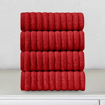 Elegant Comfort Luxury 100% Turkish Cotton Corduroy Ribbed 4 Pack Hand Towel Set 16 x 28 Inch - Absorbent, Super Soft, Quick Dry, Premium Towels for Bathroom, Gym, Spa and Hotel Use, Red