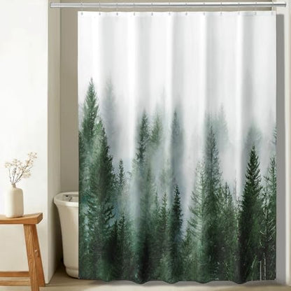 ORTIGIA 84 Inch Long Green Misty Forest Shower Curtain for Bathroom, Nature Woodland Shower Curtain Set with Hooks, Decorative Pine Tree Fog Magic Bath Curtain, Waterproof Fabric, Weighted, 72x84