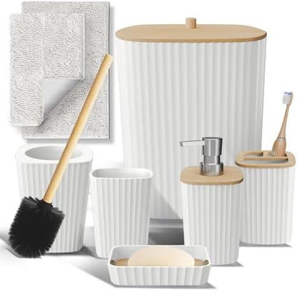 Clara Clark Bathroom Set - White Bathroom Accessories Set, 6PC Bathroom Accessory Set, Bathroom Sets with Bathroom Rugs, Toilet Brush, Trash Can & Soap Dispenser