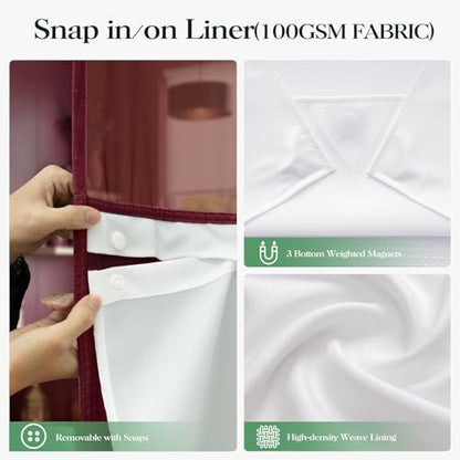 Dynamene Burgundy Hook Free Waffle Shower Curtain & Snap Fabric Liner,72x99