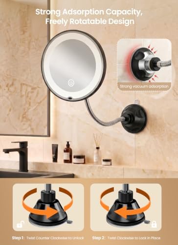 10x Makeup Mirror with Lights, Flexible Magnifying Mirror 3 Light Modes