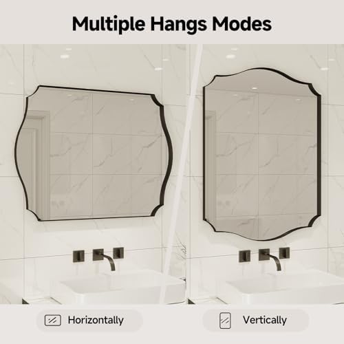 Black Vanity Wall Mirror 39"x29", Scalloped Edge Bathroom Mirror