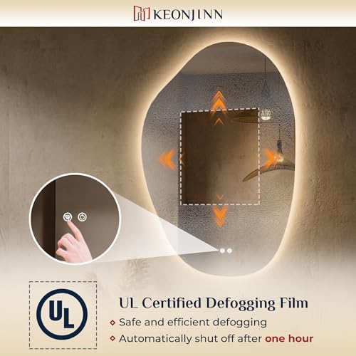 Keonjinn 24 x 36 Inch Irregular Bathroom Mirror with Lights, Tempered Glass