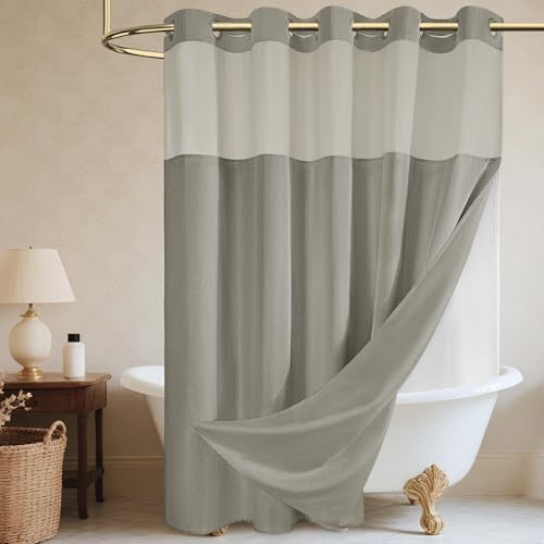 WONICY No Hook Shower Curtain with Snap-in Liner, Grey, 71 x 74 Inch
