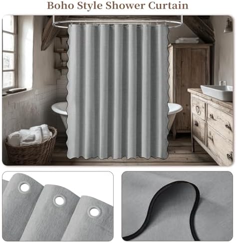 BTTN 84x72 Boho Scalloped Linen Textured Cloth Shower Curtain, Grey/Gray