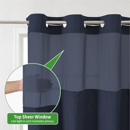 eachope No Hook Fabric Shower Curtain with Snap-in Liner,54x80 Navy Blue