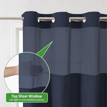 eachope No Hook Fabric Shower Curtain with Snap-in Liner,71x86 Navy Blue