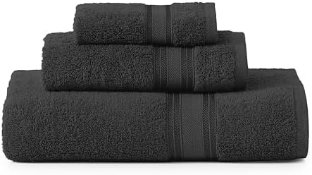 LANE LINEN Luxury Towels Set - 3 Piece Set, 100% Cotton Bathroom Towels, Zero Twist, Quick Dry Shower Towels, Absorbent Bath Towel, Super Soft, 1 Bath Towel, 1 Hand Towel, 1 Wash Cloths - Black