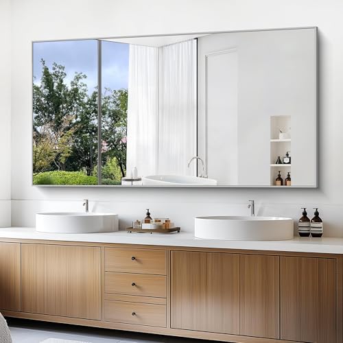 COFENY 36x72inch Bathroom Mirror, Silver Rectangle Mirror with Thin Metal Frame, Large Rectangular Wall Mirrors for Bathroom, Living Roomm, Hair Salon, Big Farmehouse Mirror Hang Horizontal/Vertical
