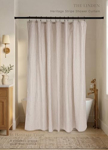 Farmhouse Striped Shower Curtain - Extra Long 72x84 Inches, Linen Blend Fabric, Breathable & Machine Washable, Rustic Taupe for Bathroom Decor (Hooks/Liner Not Included)