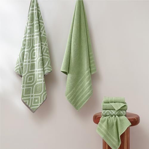 Modern Threads 6 Piece Bath Towel Set – Bathroom Set with 2 Bath Towels, 2 Hand Towels, and 2 Wash Cloths – 100% Cotton, Super Absorbent & Extra Soft – Reversible Classic Diamond (Sage Green)