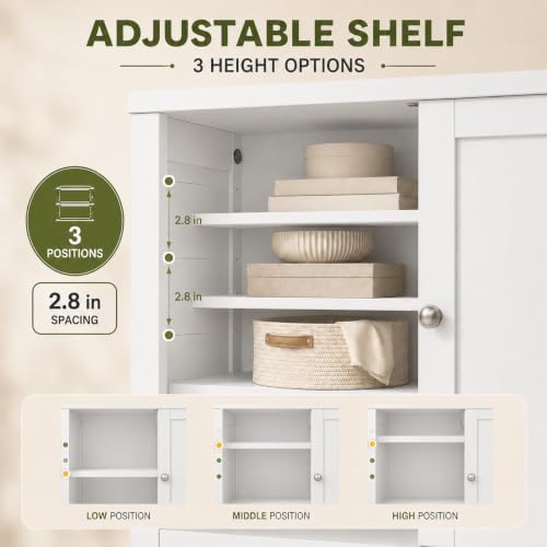 Nuturelly Bathroom Floor Storage Cabinet, 4 Doors, Anti-Tip, White