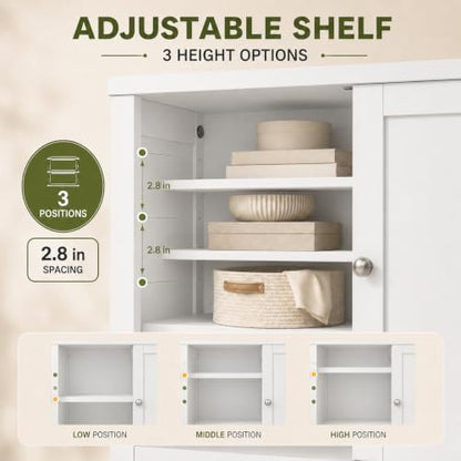Nuturelly Bathroom Floor Storage Cabinet, 4 Doors, Anti-Tip, White