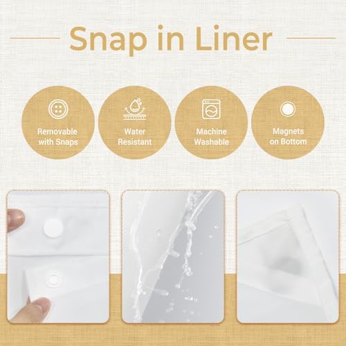 WONICY Linen Texture No Hook Shower Curtain with Liner, Flax White, 71x74