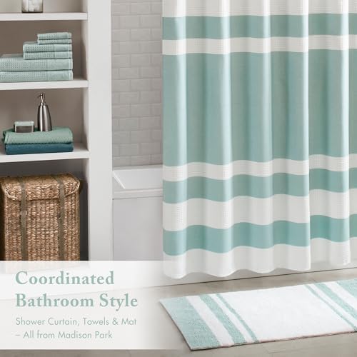 Madison Park Spa Cotton Bath Rug Non-Slip Absorbent Striped, 27 x 45, Aqua