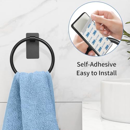 STWWO Black Hand Towel Holder for Bathroom, Adhesive Towel Rings, 2 Pack