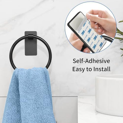 STWWO Black Hand Towel Holder for Bathroom, Adhesive Towel Rings, 2 Pack