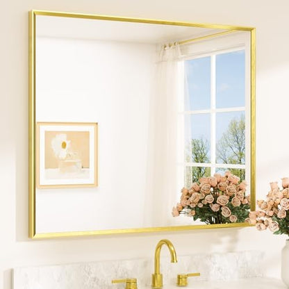 TETOTE Brushed Gold Frame Mirror for Bathroom Wall 42" x 36" Brushed Brass Beveled Rectangle Bathroom Vanity Mirror for Over Sink, Bedroom, Entryway, Living Room, Tempered Glass, Stronger Frame