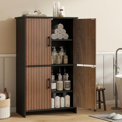 Bathroom Storage Cabinet, Floor Cabinet with 4 Fluted Doors and 2 Adjustable Shelves Wooden Tall Freestanding Organizers and Storage,Black