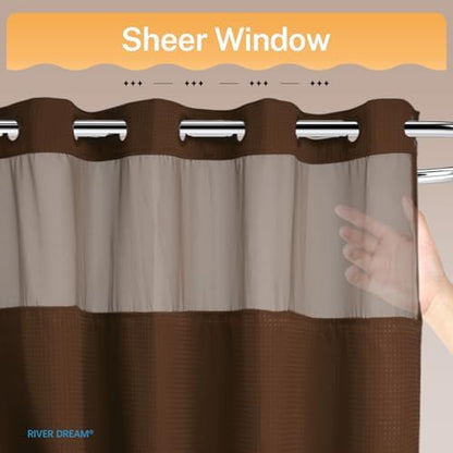 RiverDream Heavyweight Waffle No Hook Shower Curtain with Liner,Brown,71x74
