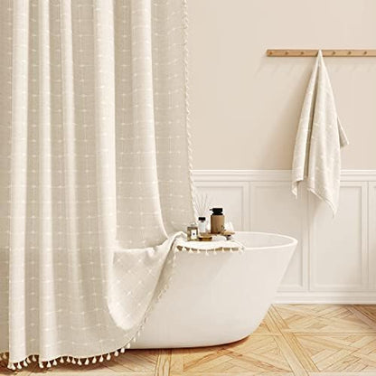 BTTN 54x78 Boho Farmhouse Linen Heavy Duty Shower Curtain Set, Cream/Beige