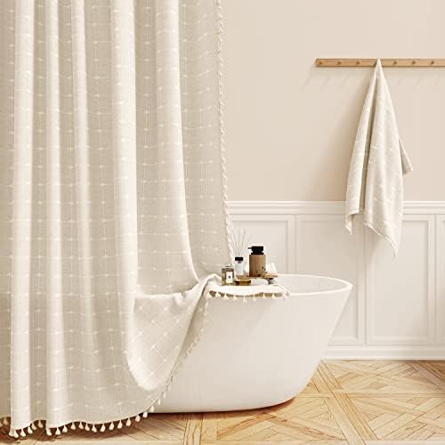 BTTN 72x78 Boho Farmhouse Linen Heavy Duty Shower Curtain Set, Cream/Beige