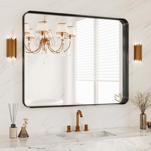 32x40 Inch Metal Black Framed Bathroom Mirror for Wall, HD Tempered Glass, Vanity Mirror for Over Sink, Anti-Rust Aluminum Alloy Mirror, Farmhouse, Horizontally or Vertically Hanging