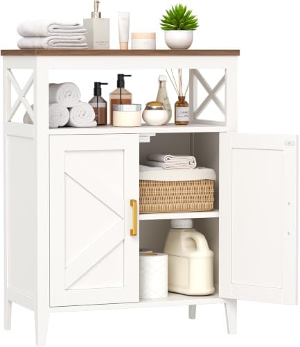 Bathroom Storage Cabinet with Doors, Adjustable Shelf, Wood Top