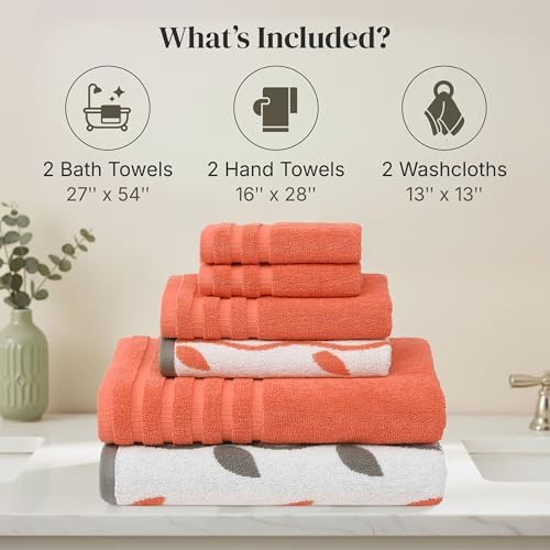 Modern Threads 6 Piece Bath Towel Set – Bathroom Set with 2 Bath Towels, 2 Hand Towels, and 2 Wash Cloths – 100% Cotton, Super Absorbent & Extra Soft – Reversible Natural Vine (Rust Orange)