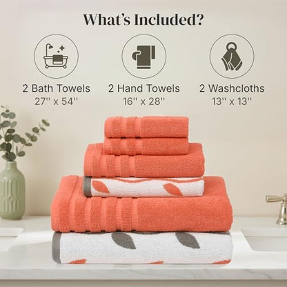Modern Threads 6 Piece Bath Towel Set – Bathroom Set with 2 Bath Towels, 2 Hand Towels, and 2 Wash Cloths – 100% Cotton, Super Absorbent & Extra Soft – Reversible Natural Vine (Rust Orange)