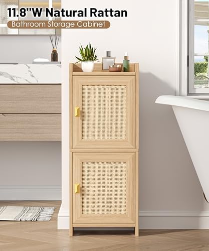 Akxomel Rattan Small Bathroom Cabinet Narrow Toilet Paper Organizer Oak