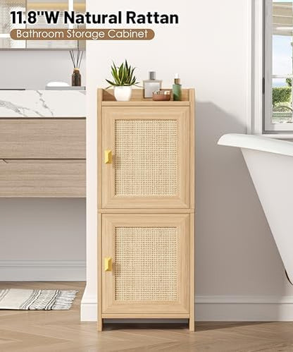 Akxomel Rattan Small Bathroom Cabinet Narrow Toilet Paper Organizer Oak