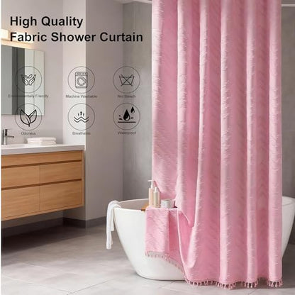 Siiluminisoy Extra Long Shower Curtains 72 x 84 Inches Tufted Chevron Pink Shower Curtains Fabric for Bathroom Modern Shabby Chic Waterproof Cloth Shower Curtain