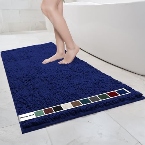 Muddy Mat® | Chenille Bathroom Rugs Quick Dry Microfiber Mats Non Slip Washable, Extra Thick, Soft and Highly Absorbent Bath Mats for Bathroom, Kitchen, and Shower Floor - Navy Blue 35"x59"