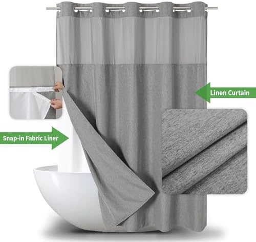 eachope No Hooks Needed Linen Textured Shower Curtain with Snap-in Fabric Liner Set,Grey Hotel Luxury Decor Shower Curtains for Bathroom,Waterproof & Washable,71Wx77H