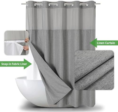 eachope No Hooks Needed Linen Textured Shower Curtain with Snap-in Fabric Liner Set,Grey Hotel Luxury Decor Shower Curtains for Bathroom,Waterproof & Washable,71Wx77H