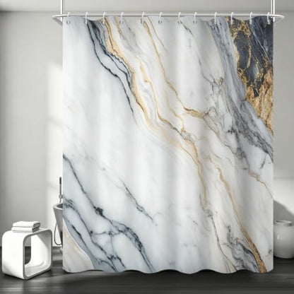 White Marble Shower Curtain Modern Abstract Luxury Gold Ink Texture Gray Ombre Watercolor Bathroom Curtain Set with Hooks Soft and Lightweight Waterproof Fabric Machine Washable 72" Wx72 L
