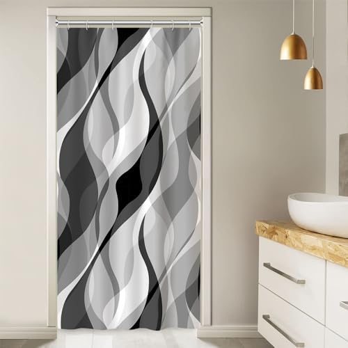 Grey Striped Stall Shower Curtain with Hooks, 36x72 Inch