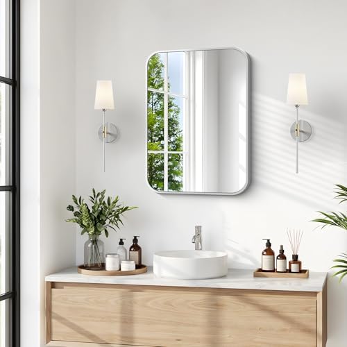 BONEWEI Silver Bathroom Mirror,16x20 inch Wall Mirror for Bathroom Wall Mounted,Rectangle Mirror for Bathroom Over Sink,Modern Frame Round Corner for Living Room,Bedroom Entryway,Horizontal/Vertical
