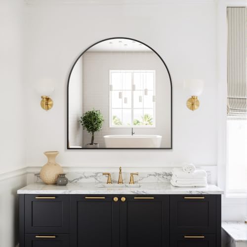 Delma Arched Bathroom Mirror, Black, 32"x30"