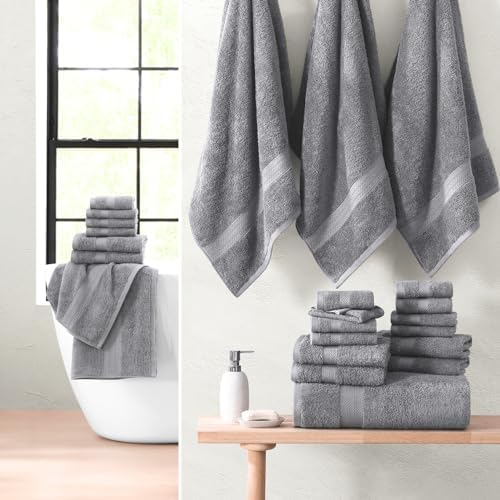 LANE LINEN Towel Set Soft Absorbent Quick Dry 100% Cotton 24 Piece - Grey