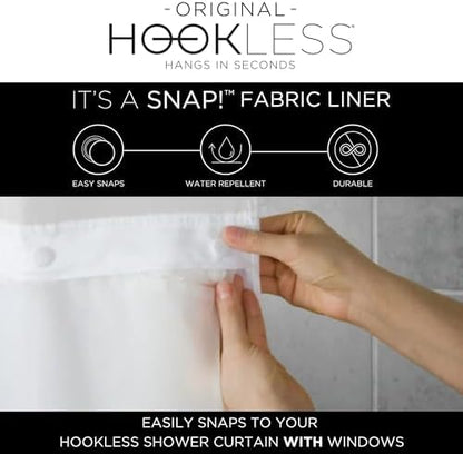 Hookless It's A Snap! Polyester Fabric Snap-in Replacement Shower Curtain Liner with Magnets for Hookless Curtain with Sheer Window, 70" x 54", Water-Repellent, Easy Install, White